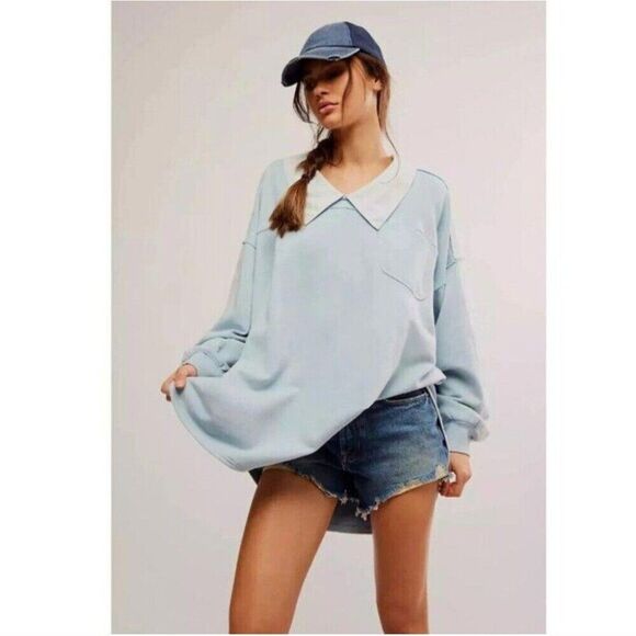 Free People Tops - Free People Slouchy Oversized Blue Striped Sweatshirt XS Coastal Flowy